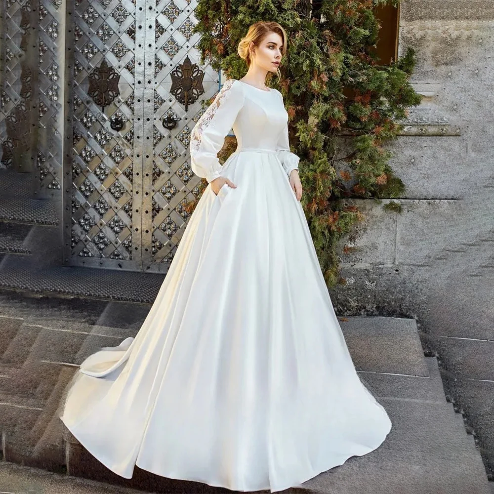 

Elegant A Line Bridal Gowns 2024 O-neck Long Sleeve Lace Wedding Dress Satin Customized High Quality Princess Bride Dresses