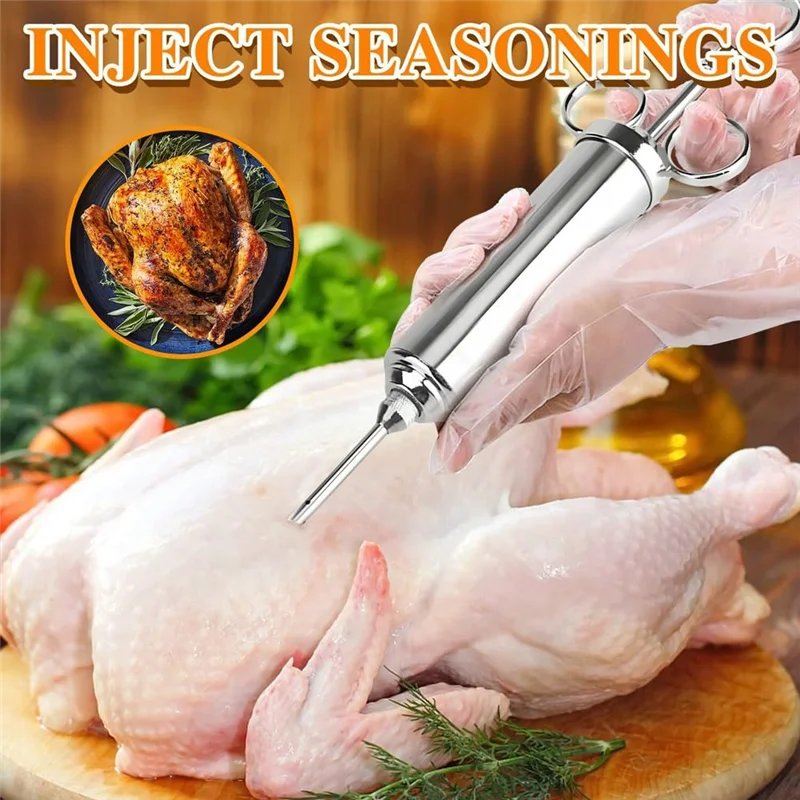 

【Favorite!】Meat Injector Syringe Kit 304-Stainless Steel With 3 Marinade Needles For BBQ Grill Smoker, Turkey, Beef, Brisket, Fi