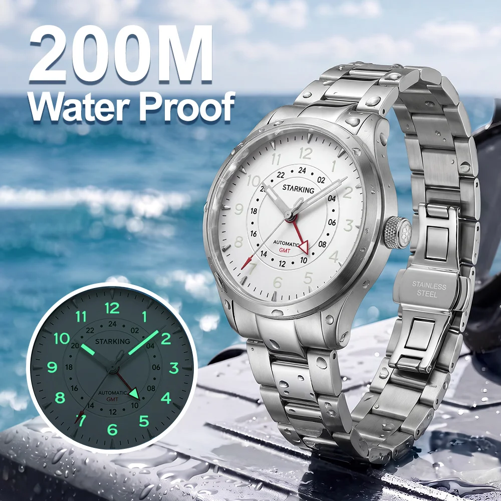 STARKING GMT Automatic Watches SK9 Movement Sapphire Mechanical Watch 200M Waterproof Luminous 316L Stainless Steel Wristwatch