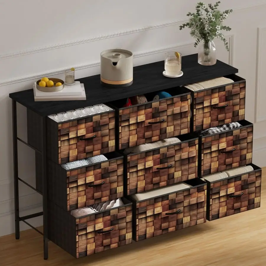 

Chest of Drawers 11.8"D x 43.3"W x 29.9"H 9 Drawer Fabric Bins Storage Dresser Black Wood Top Bedroom Cabinet