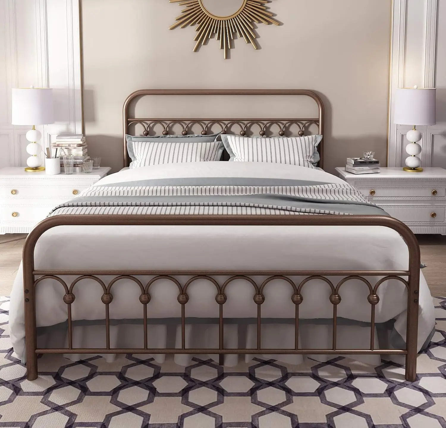 YALAXON Vintage Sturdy Queen Size Metal Bed Frame with Headboard and Footboard Basic Bed Frame No Box Spring Needed