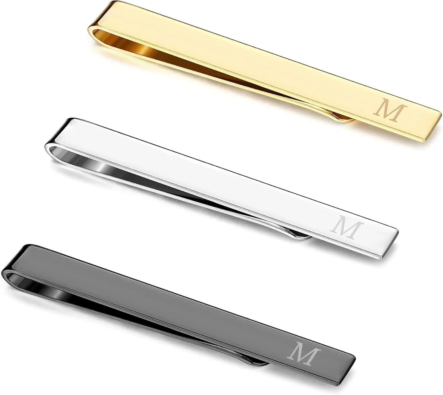 

3 Pcs Stainless Steel Tie Clips for Men, Elegant Personalized Letter Design, Gold Silver Black Tone Tie Bar Set