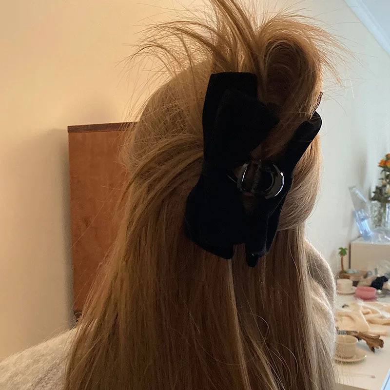 

New Premium French Black Velvet Large Bow Hair Clasp For Back Head Double Face Princess Shark Clip Non Slip Strong Grip Women
