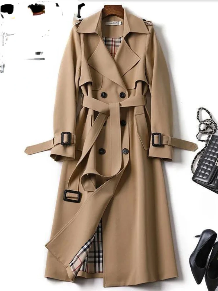 Women British Style Windbreaker Streetwear Double Breasted Long Trench Coats Elegant Autumn Winter Casual Medium Length Jackets