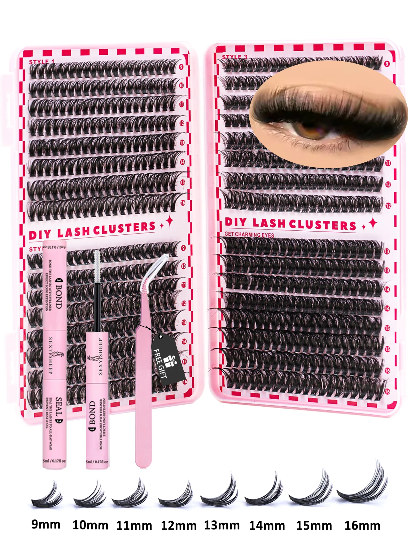 DIY-Wimperncluster-Set, großes Fassungsvermögen, mit Wimpernbindung und Versiegelung, Wimpernpinzette, flauschiges Wimpernverlängerungsset zum Selbermachen zu Hause