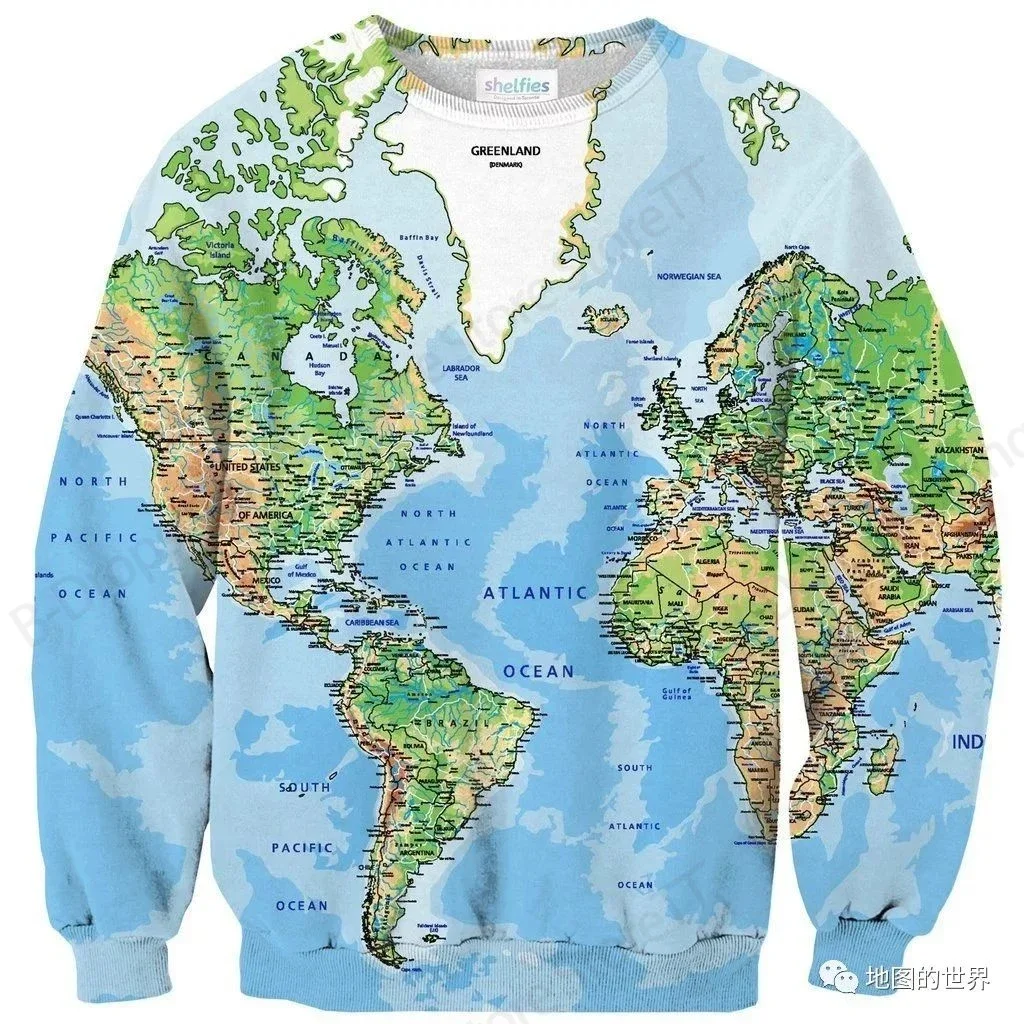 2026 Nova Camiseta Masculina de Manga Longa com Mapa Geográfico, Camiseta com Estampa 3D de Mapa, Moda Casual Harajuku para Homens e Mulheres, Blusas 