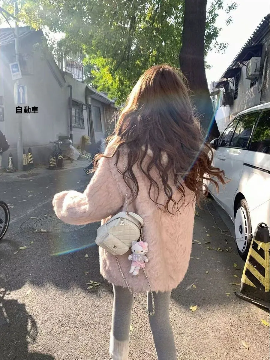 

Pink Lamb Fur Jacket Women's Korean Style Mid-Length Plush Coat Elegant All-Purpose Thickened Long Sleeve round Neck Button C...