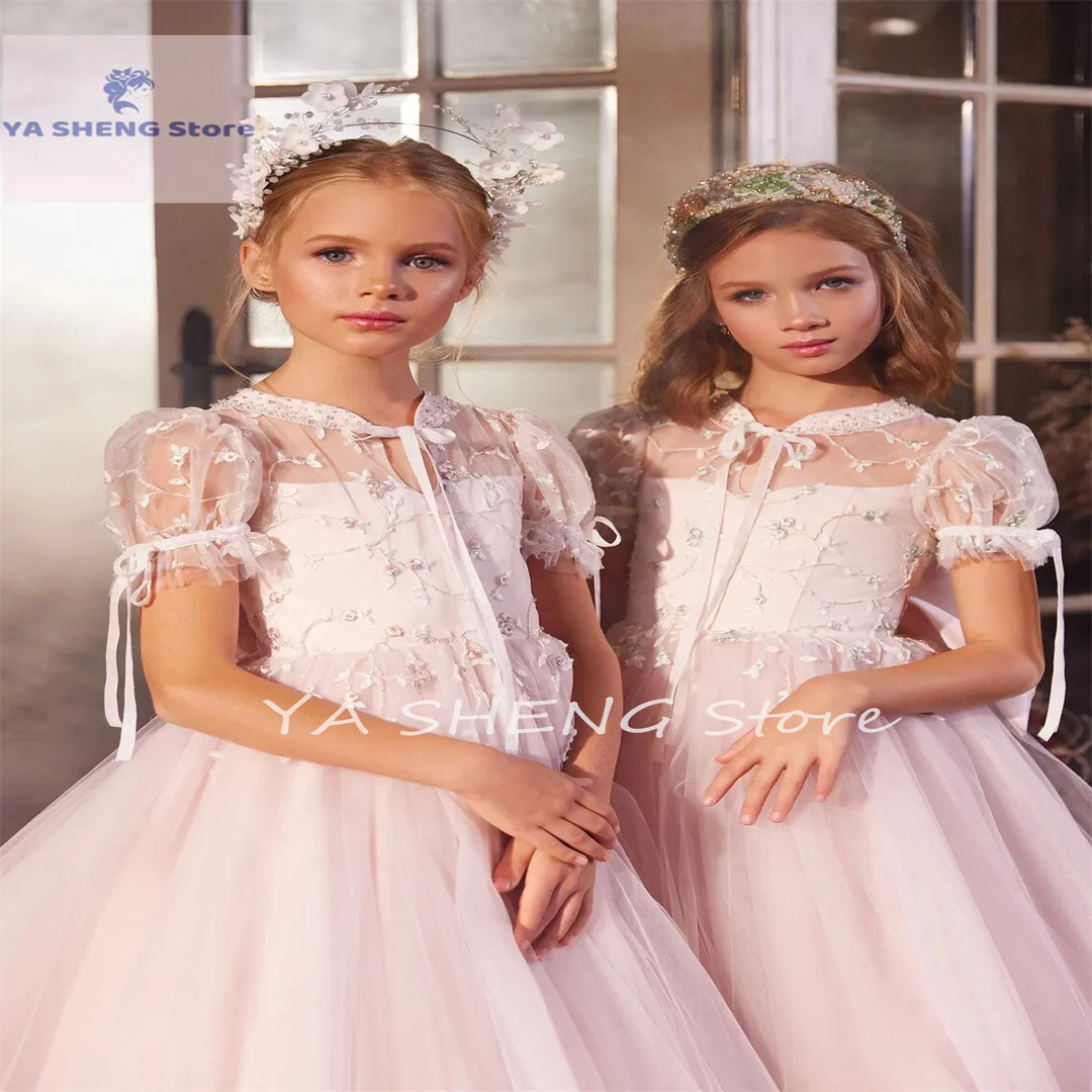 

Light Pink Flower Girl Dresses for Weddings Long Appliques Birthday Pageant Dress Bow Tulle Child Sweet 16 Party Dresses