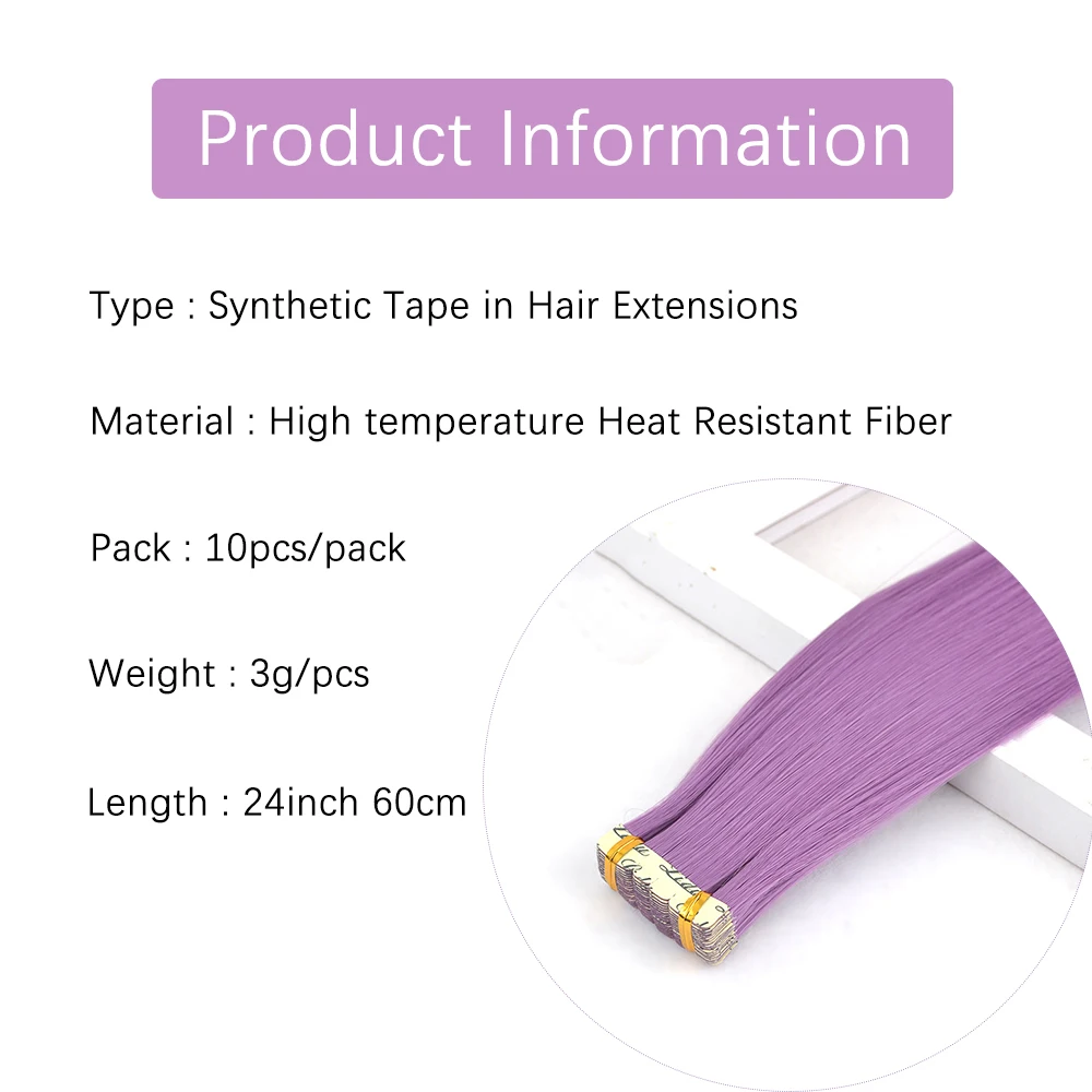 10pcs/pack Tape In Hair Extensions Invisible Adhesive Synthetic Colored Tape In Hair Extension Pink Purple Blue Colorful Hair image 2