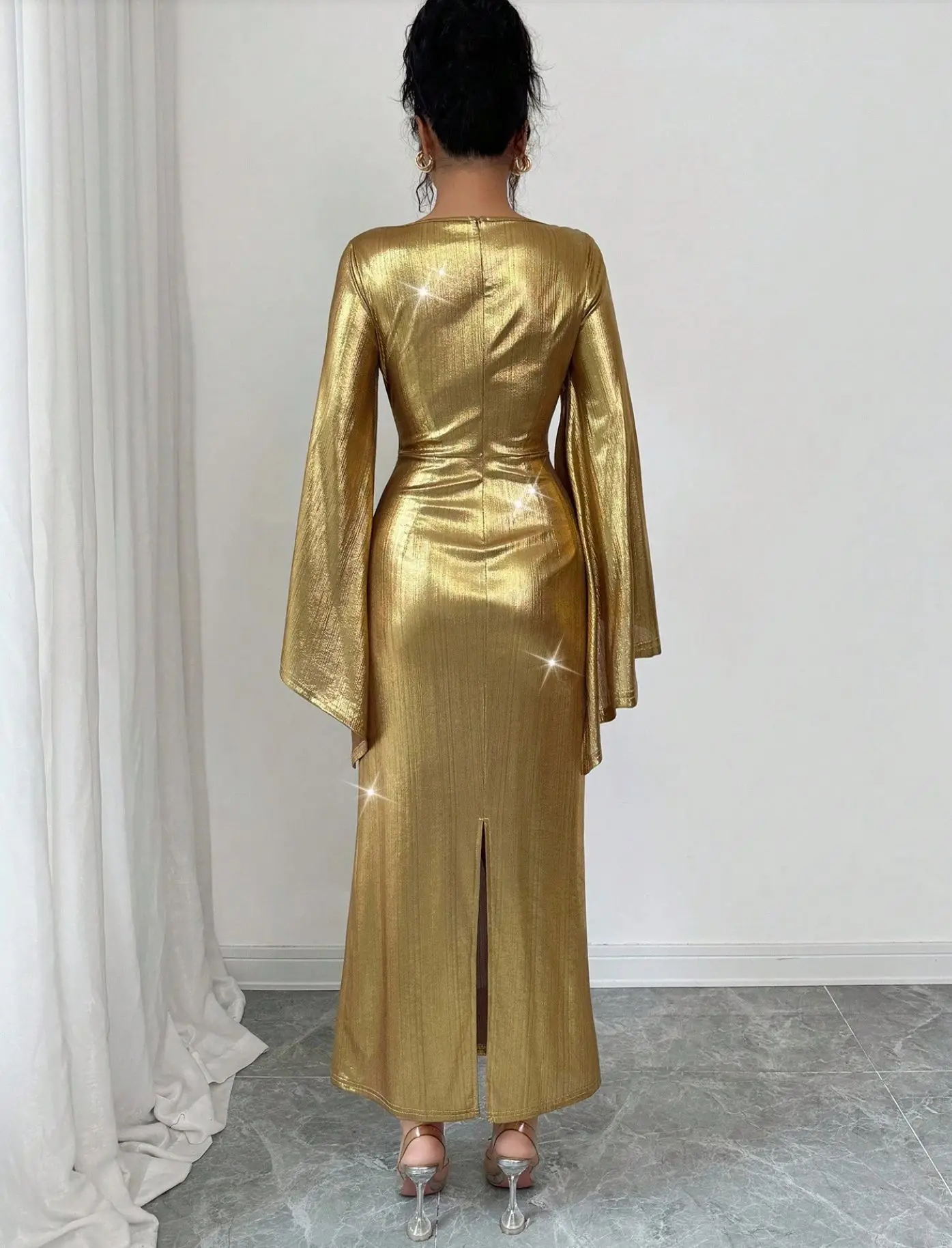 Vestido plisado metálico vestidos de noche para discoteca 2025 mujeres otoño Sexy ceñido al cuerpo Maxi vestidos de fiesta elegante vestido de fiesta de noche