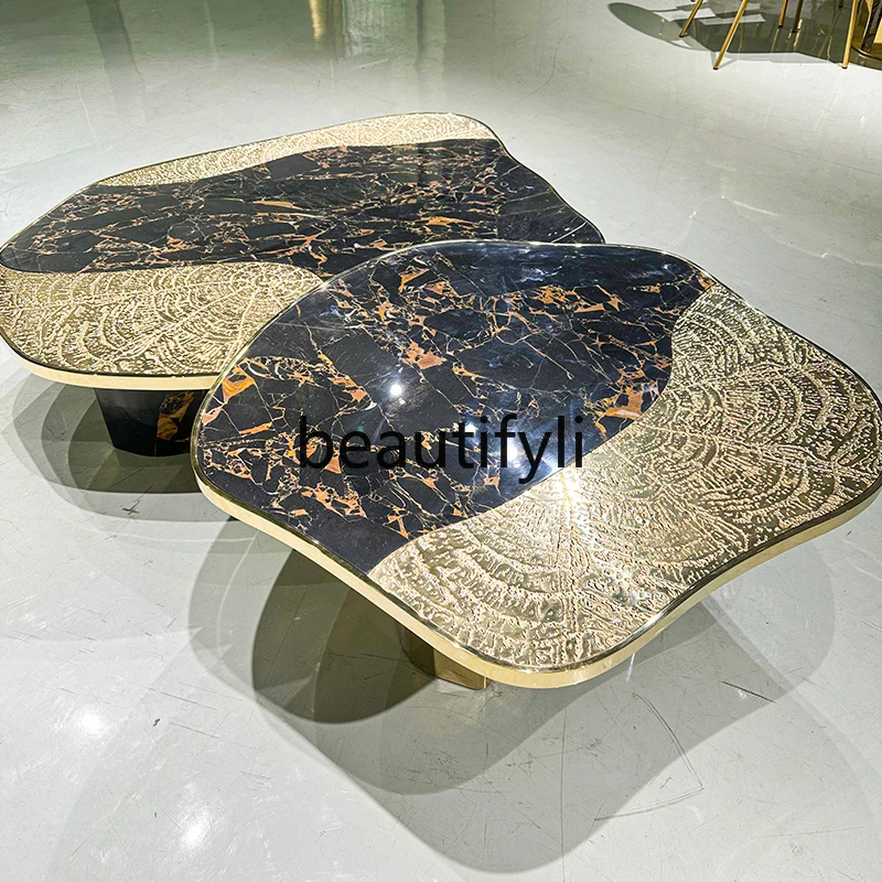 

Natural marble luxury stone coffee table side table aluminum alloy hand-carved designer new combination coffee table