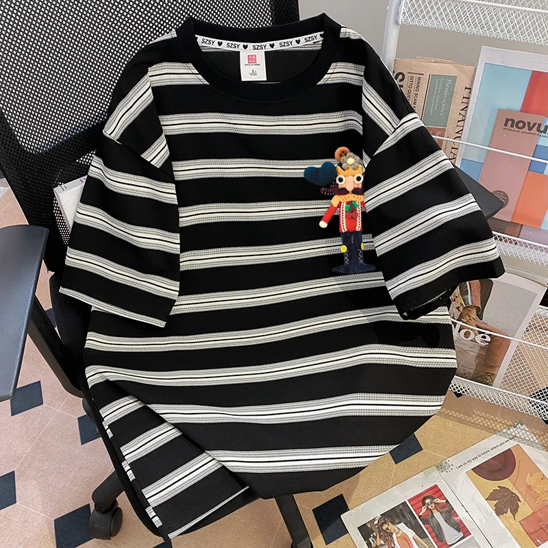 

Летняя футболка свободного кроя из чистого хлопка в полоску, повседневный универсальный топ больших размеров, молодежный тренд, футболка с круглым вырезом