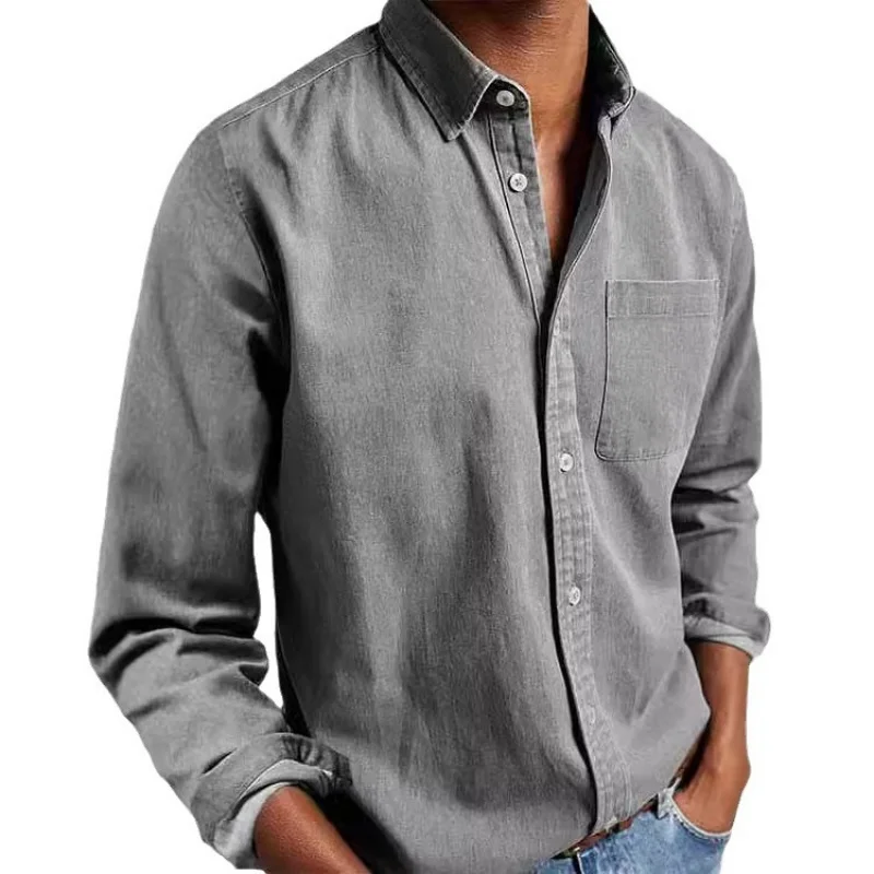 Camicia a maniche lunghe da uomo con bottoni in cotone lavato casual con tasca europea e americana del nuovo