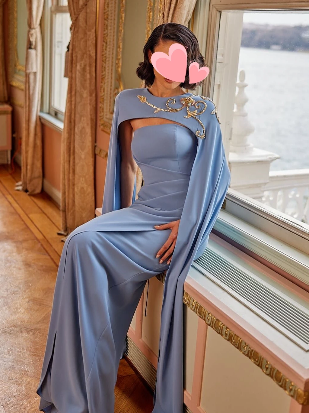 فستان Shore أنيق عتيق من الخرز الأزرق الحلو كيب أنيق جديد مخصص للمناسبات الرسمية والحفلات الراقصة وحفلات السهرة