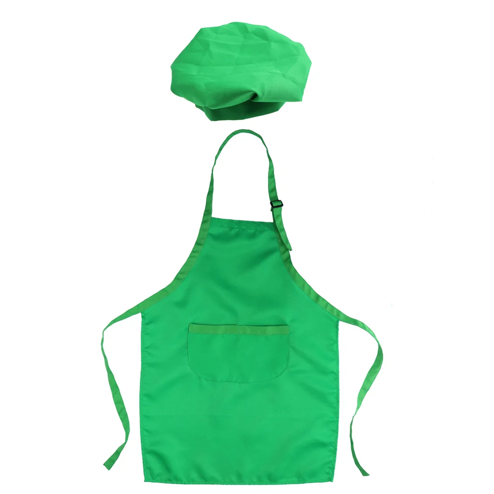 1 Set of 2pcs Hat and Apron Kids Chef Wear Kit Fabric Apron for Baking Handwork Painting (for 3 6 years old Green)