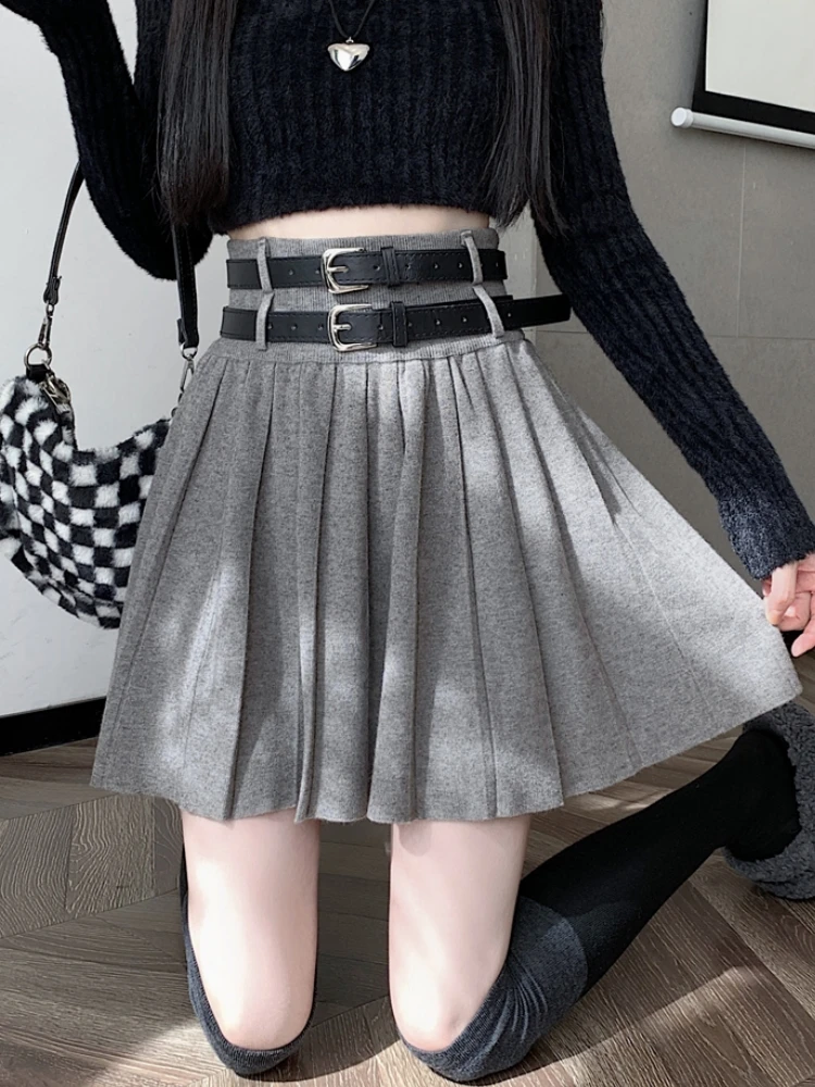 QiukichonsonBlack Grey Gothic Lolita Mini Skirt Women Autumn Winter Teen Girls High Waisted Knitted Skirts Pleated tutu femme