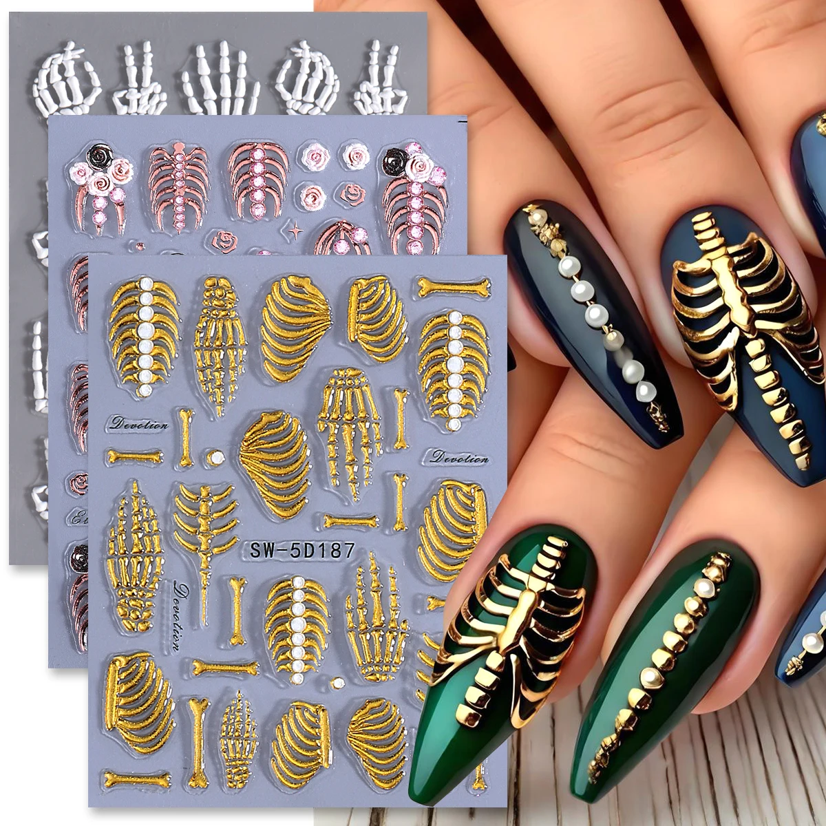 3pcs 해골 갈비 양각 네일 스티커 5D 해골 뼈 장미 꽃 Y2K 디자인 접착 데칼 할로윈 휴일 매니큐어 포일