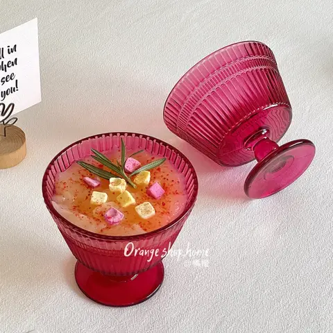 세로 줄무늬 아이스크림 잔, 버건디 밝은 오트밀 아침 컵, 우유 컵, 푸딩 컵, 아이스크림 컵