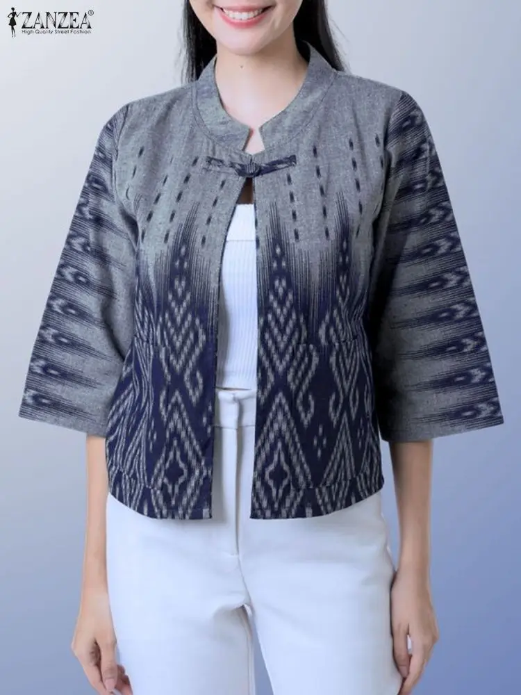 

ZANZEA Vintage Ethnic Print Women Cardigans Mandarin Collar Frog Button 3/4 Sleeve Open-Front Shirts Autumn Woman Clothes S-3XL