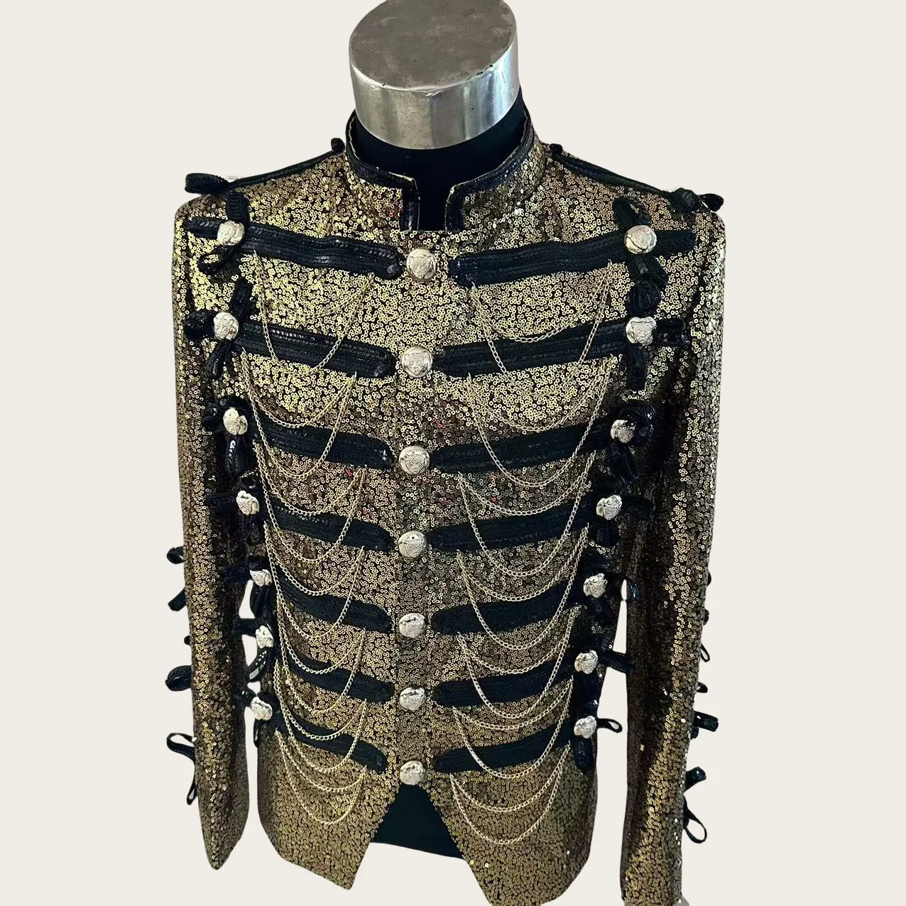 Customized Man Sequins Gold Chain Tassel Royal Jacket Host Chorus Singer Stage Costumes Theme Party Banquet Dress Club Dancewear