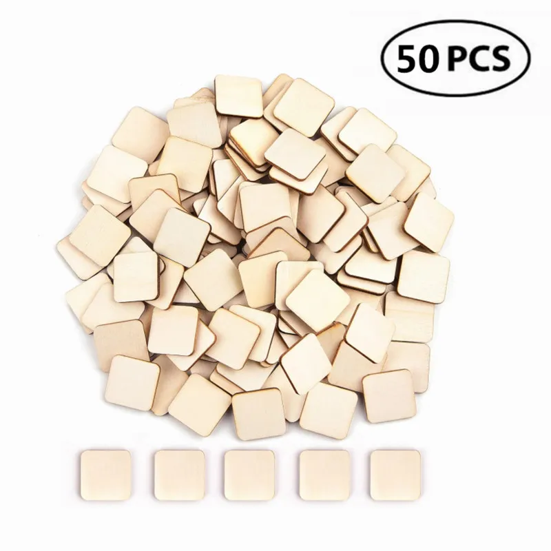 50pcs 20mm Unfinished Wood Pieces Blank Natural Slices Wood Square for DIY Crafts Painting, Scrabble Tiles, Decoration