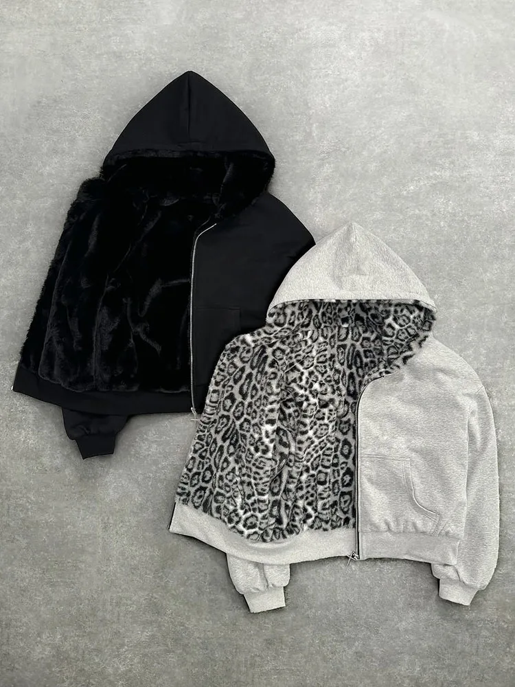 2025 New Unisex Hooded Sweatshirt with Leopard Print Lining Pocket, Loose Cardigan, Zipper Sweatshirt, Street Style, Double-Side