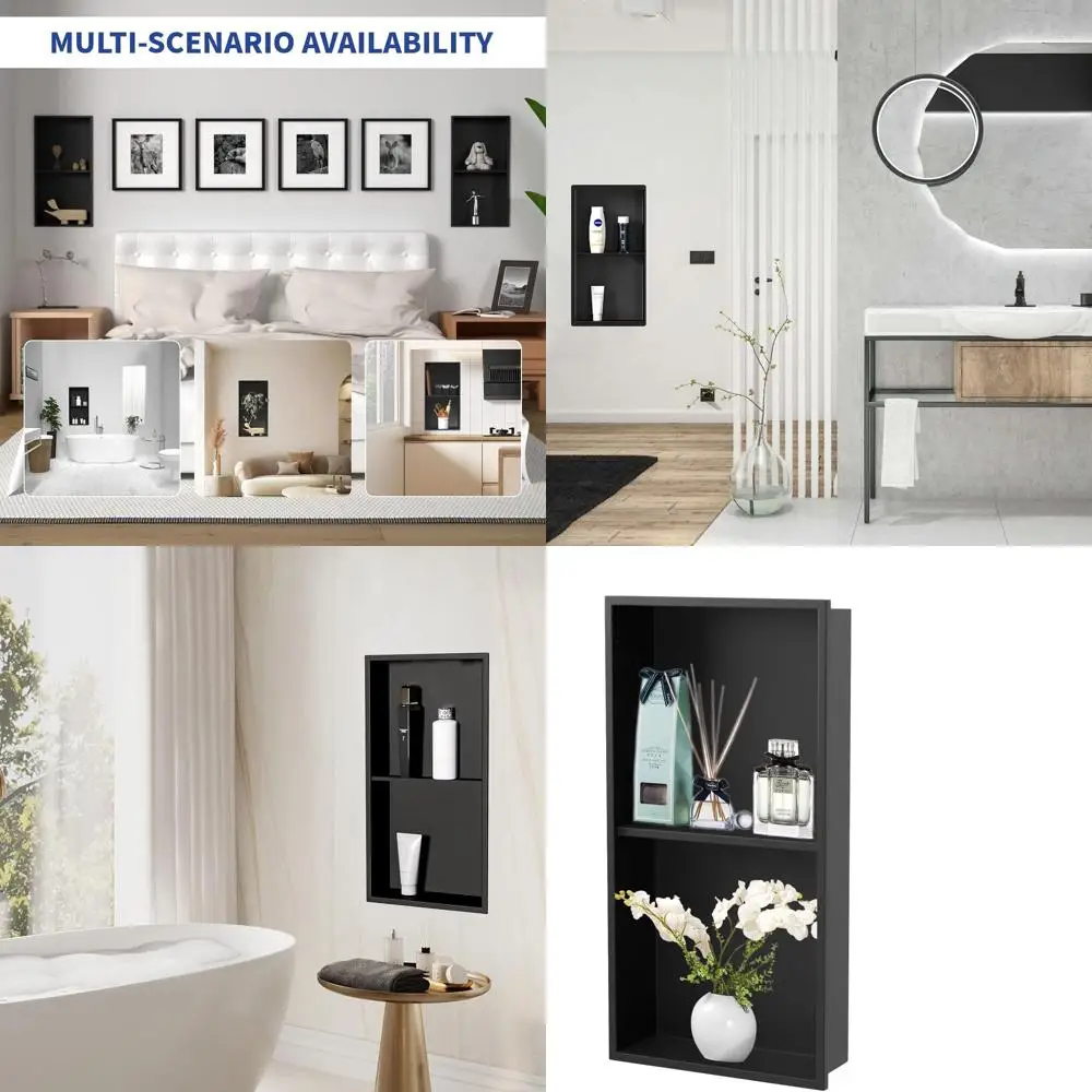 

Ниша для душа из матовой черной нержавеющей стали 12x24 с двойными полками, плитка не требуется, для хранения в ванной комнате