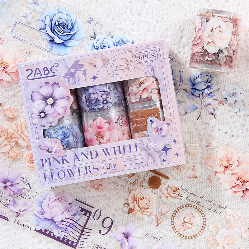 Mr. Paper, 6 rolls/box. Artistic floral themed tape set, decorative notebook, photo frame, phone case, scrapbook sticker tape