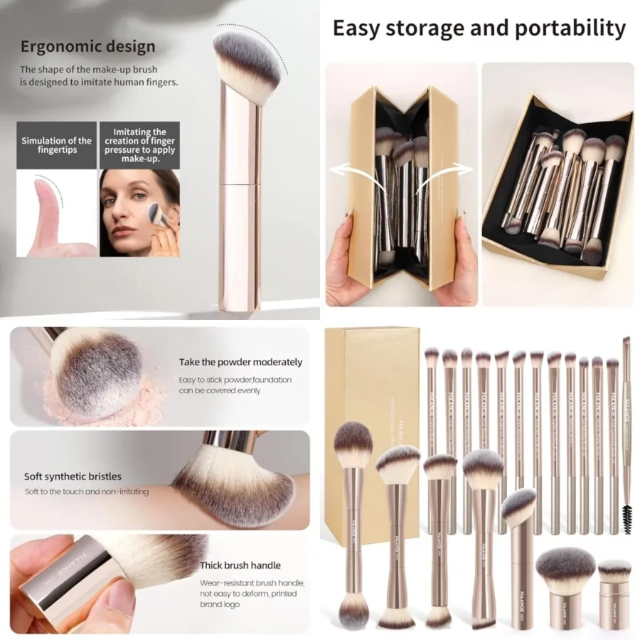 

20 Pcs Makeup Brushes with Gift Box, Double-End Multi-functional Makeup Brushes for Blending Liquid Powder Concealer Cream Blush Buffe,Champagne