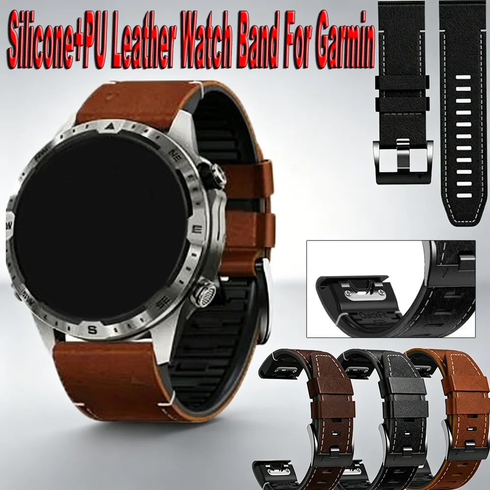 QuickFit 22/26mm Silicone+PU Leather Watch Band For Garmin Fenix 8 47 51mm 7X 6X Pro COROS VERTIX 2 2S Vintage style watch strap