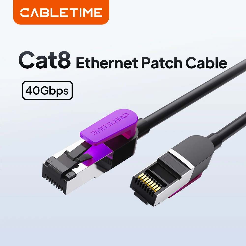 CABLETIME CAT8 Ethernet Cable 40Gbps 2000MHz Cat 8 RJ45 Network LAN Patch Cord for PC Modem Laptop PS5 High-Speed Data Transfer