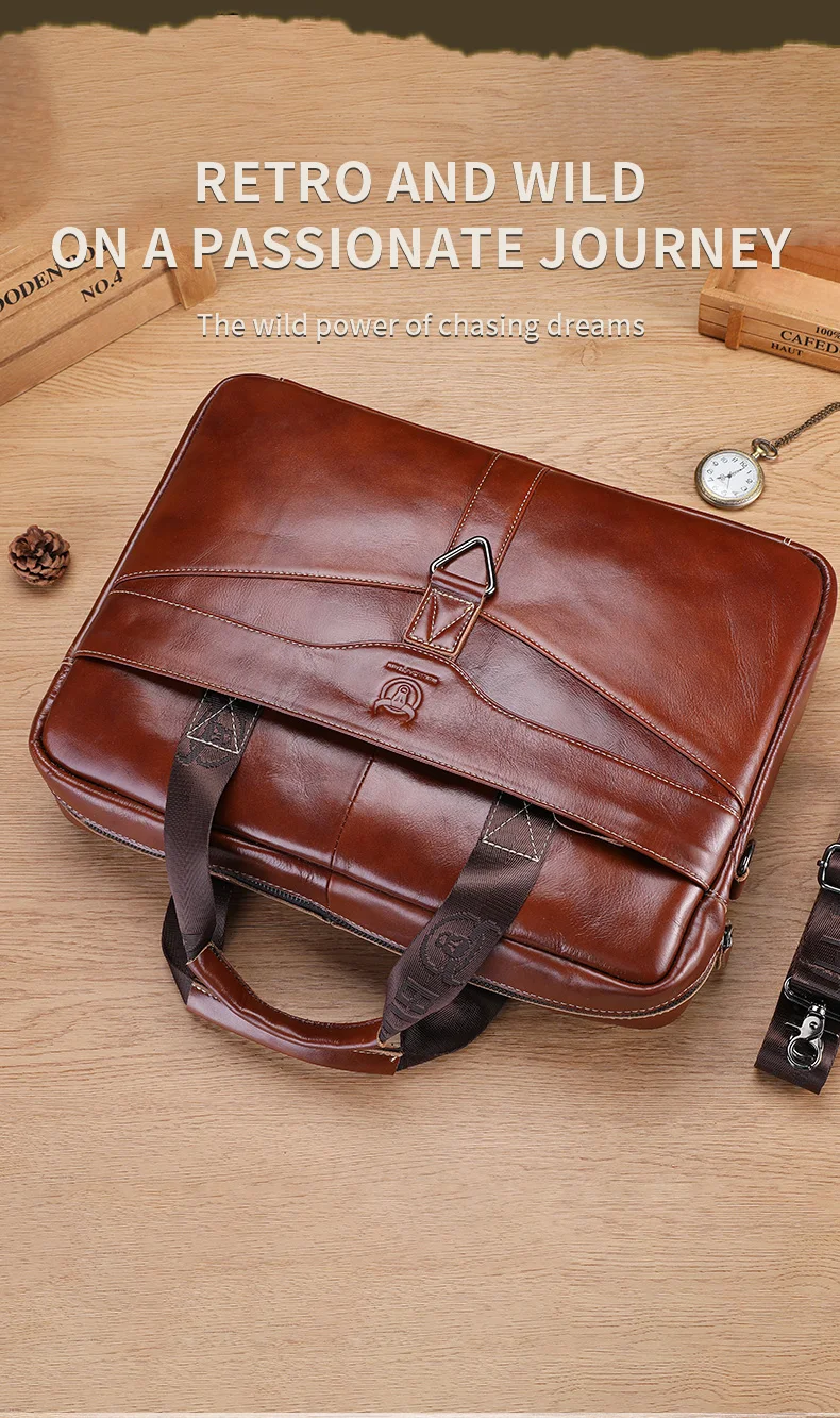BULLCAPTAIN Men's Genuine Leather Briefcase Shoulder Bag 15 Inch Laptop Case Men's Briefcase Classic Office Business Handbag
