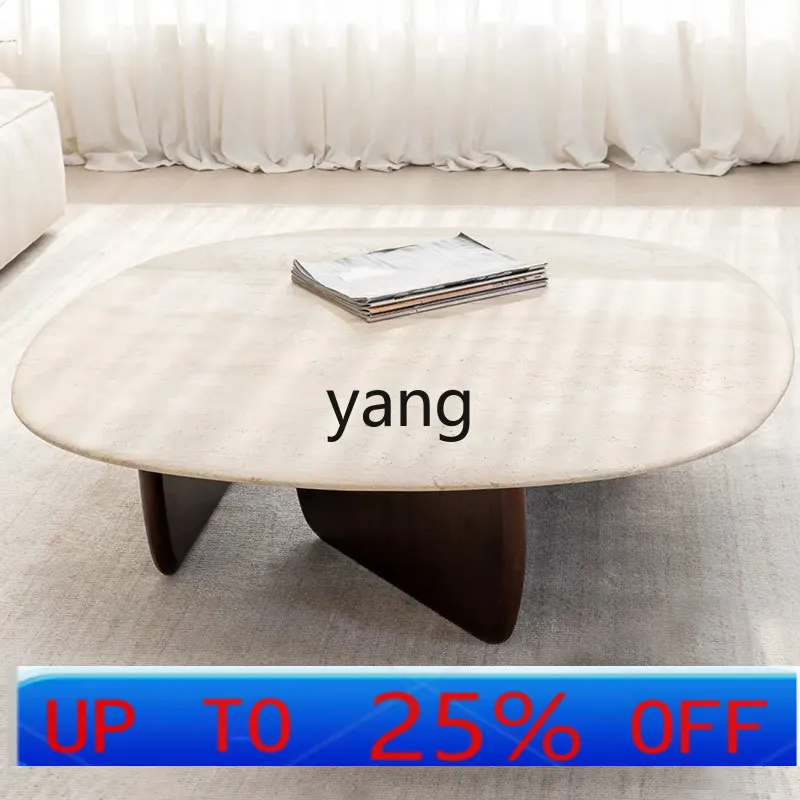 

lmm Natural Travertine Coffee Table Cream Style Solid Wood Living Room Home Round Coffee Table