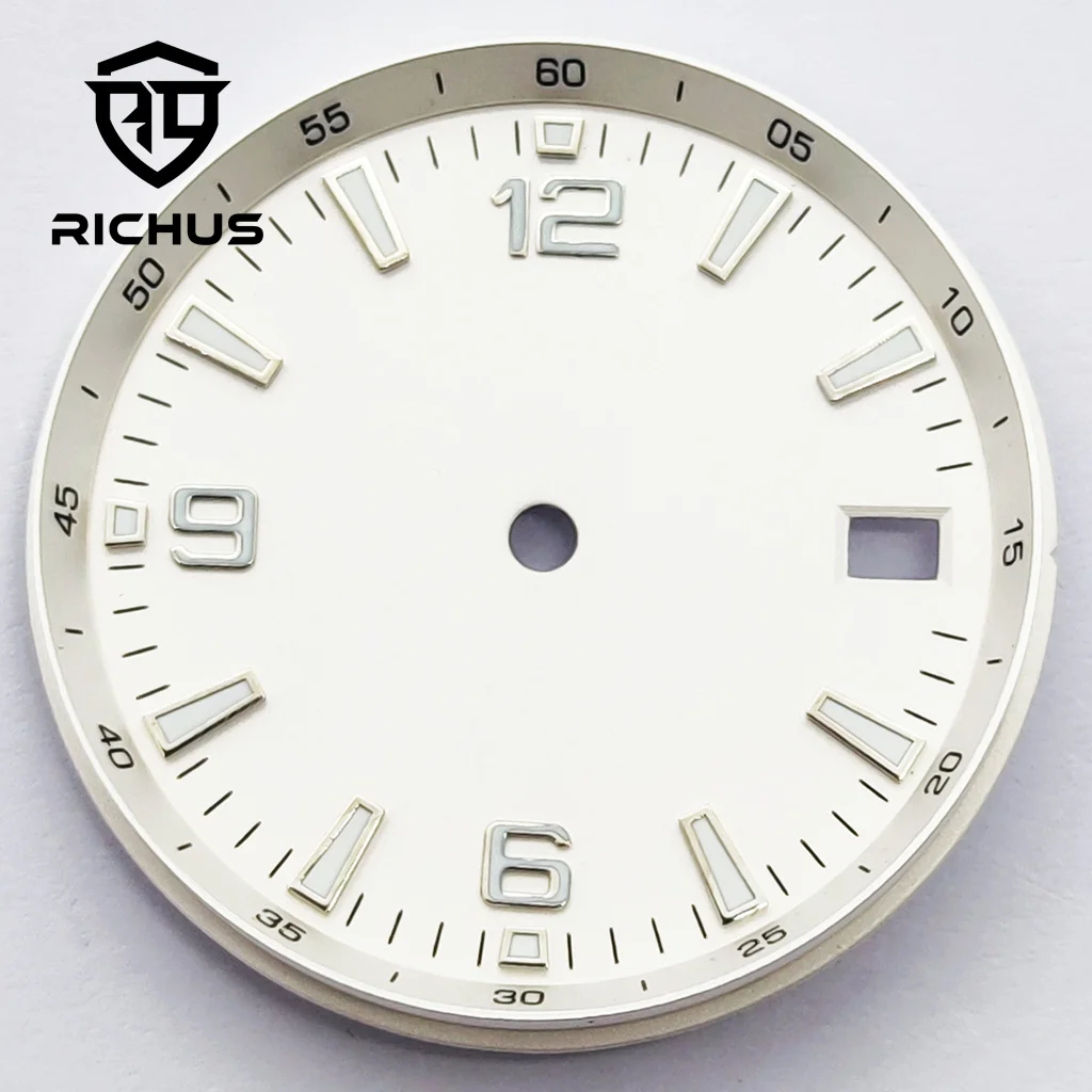 ساعة RICHUS 31 ملم بيضاء معقمة بمينا أخضر مضيء مناسب لحركة NH34 NH35 NH36