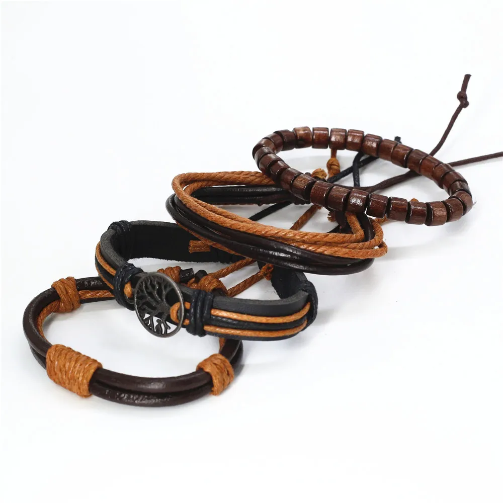 WESTBULL 4 Pcs/Set Multilayer Leather Bracelets Men Leaf khaki Tree Charm Bangles Homme Gift Jewelry