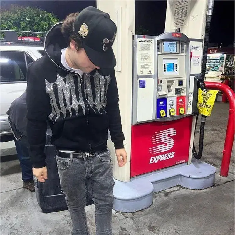 Price shown before tax Rhinestone Full Zip Hoodie Skeleton Goth Sweatshirt Pull Long Sleeve Black Hoodies Y2k Fashion Men\'s Wome