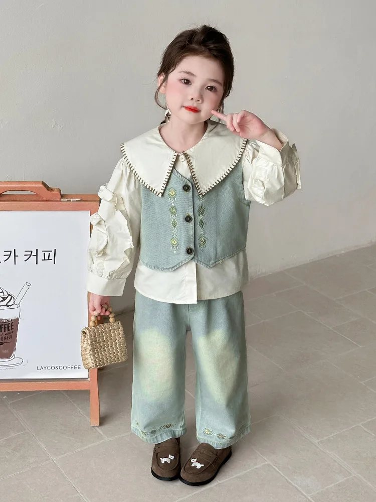 

2025Girls' Spring and Autumn New Fashionable Korean Style Large Lapel Casual Denim Vest Three-Piece