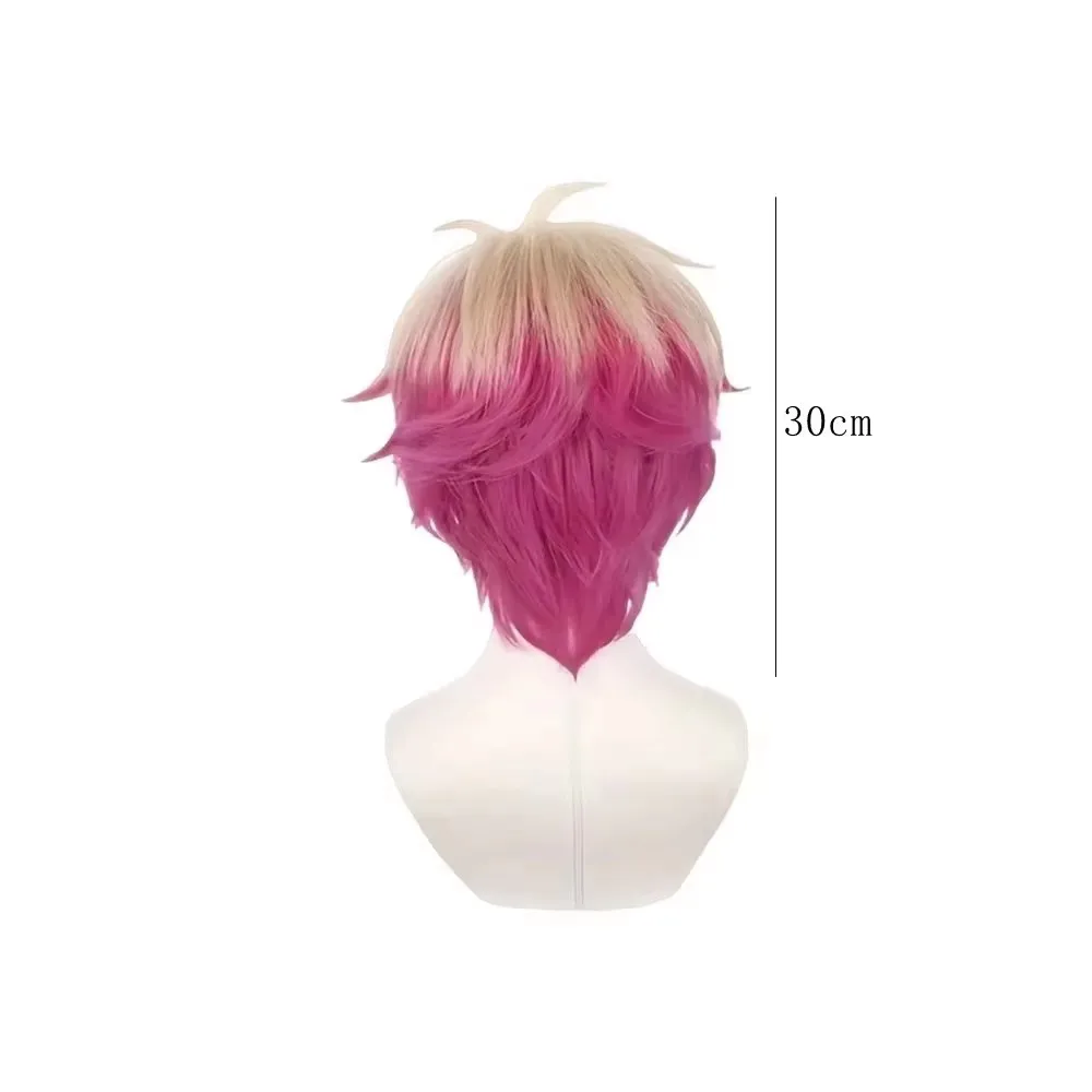 Short Blonde and Rose Pink Gradient Synthetic Cosplay Wig for Anime Characters, Layered Fluffy Style with Natural Curl Ends