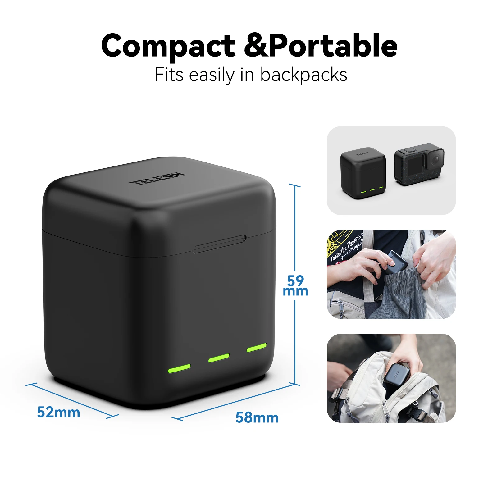 TELESIN-Chargeur de batterie avec lumière LED, carte TF, stockage de batterie pour GoPro fore12, 11, 10, 9, 3 voies