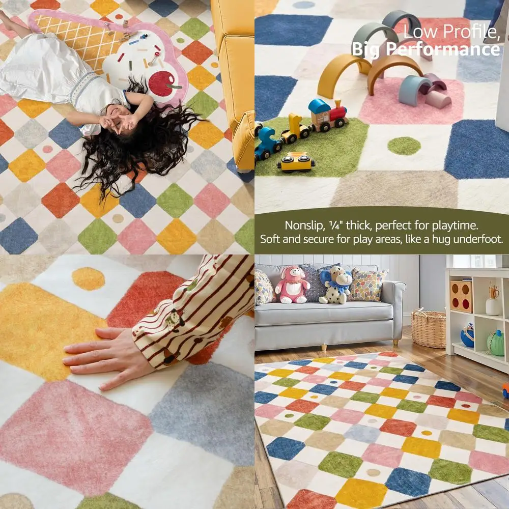 

Colorful Checkered Diamond Rug, 4x6 for Kids, Playroom, Nursery, Washable & Soft, Non-Slip for Bedrooms & Dorms