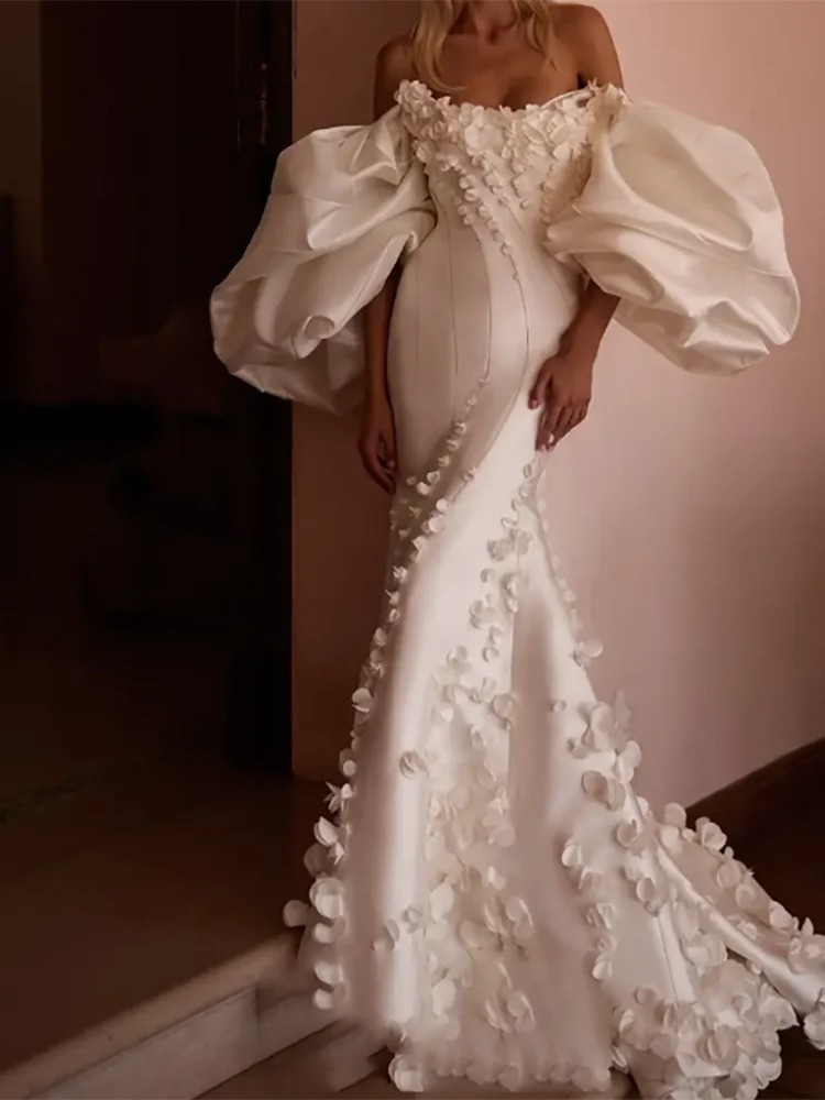 

Classic Strapless Applique Floral Lantern Sleeve Mermaid Bride Wedding Dresses Bridal Gowns Customized