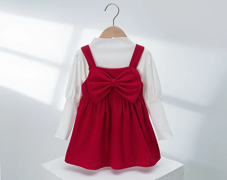 Korean Childrens Clothing Bow Strap Dress 2024 Autumn Winter Corduroy Two-piece Solid Color Dress