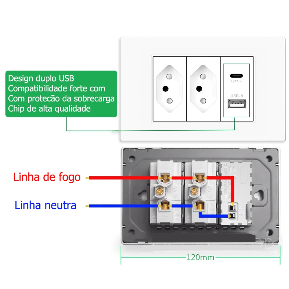 Eiomr 10A/20A Brazil Socket with USB Type-C 5V 2100mA, 118mm*75mm Tempered Glass Panel 2 Gangs 3 Pins Hole Power Wall Outlet