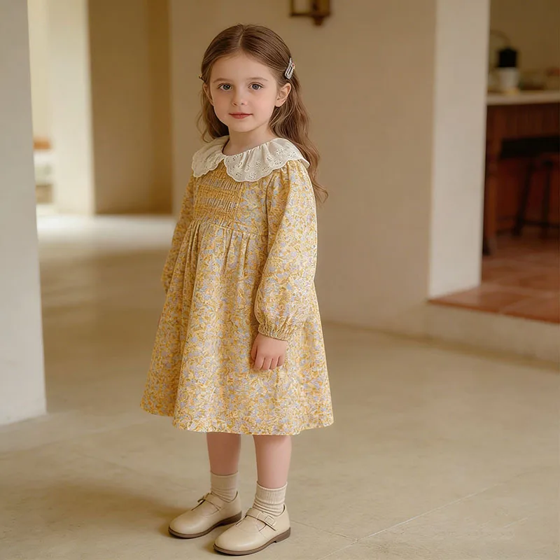 Girls Dress 2026 Spring and Summer New Childrens Clothes Girl Baby Foreign Style Lace Collar Broken Flower Princess Dress