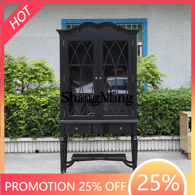 SM new home antique retro black solid wood glass display cabinet villa furniture