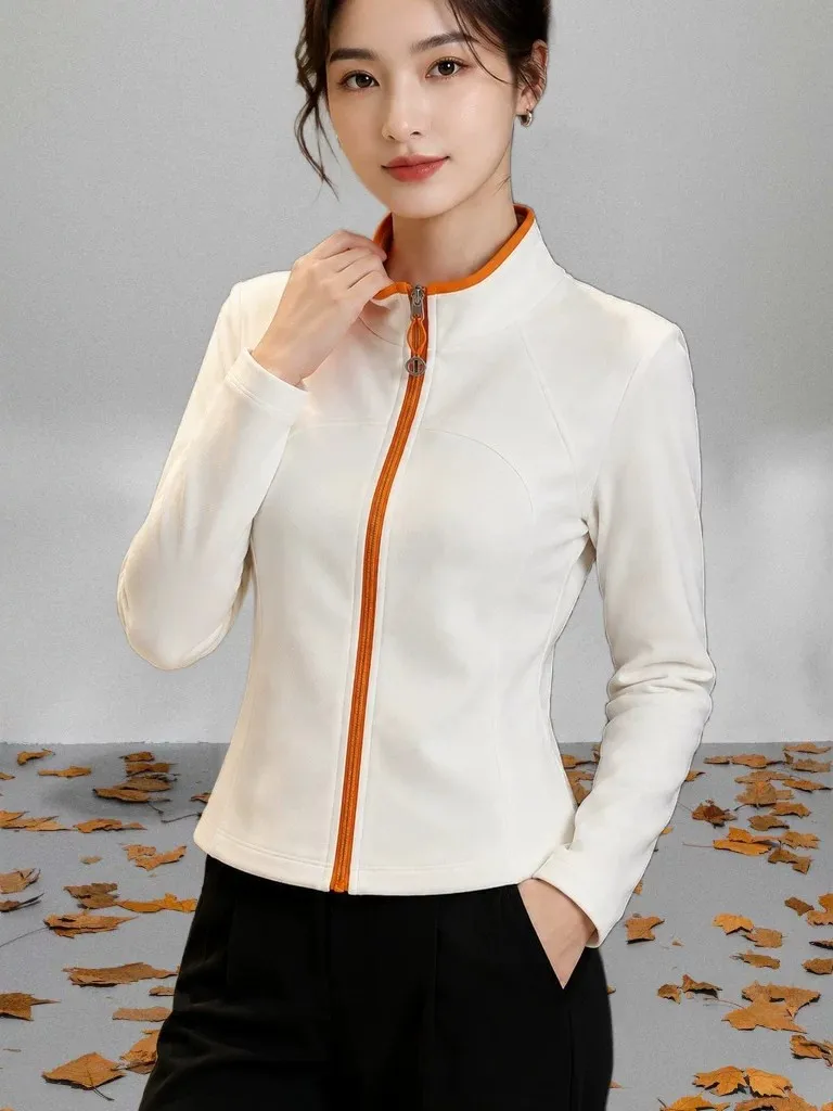 Slim Fit Zipper Sports Jacket Women's Spring Autumn Thin Large Size Stand Collar Color Block Slimming Waist Long Sleeve Top