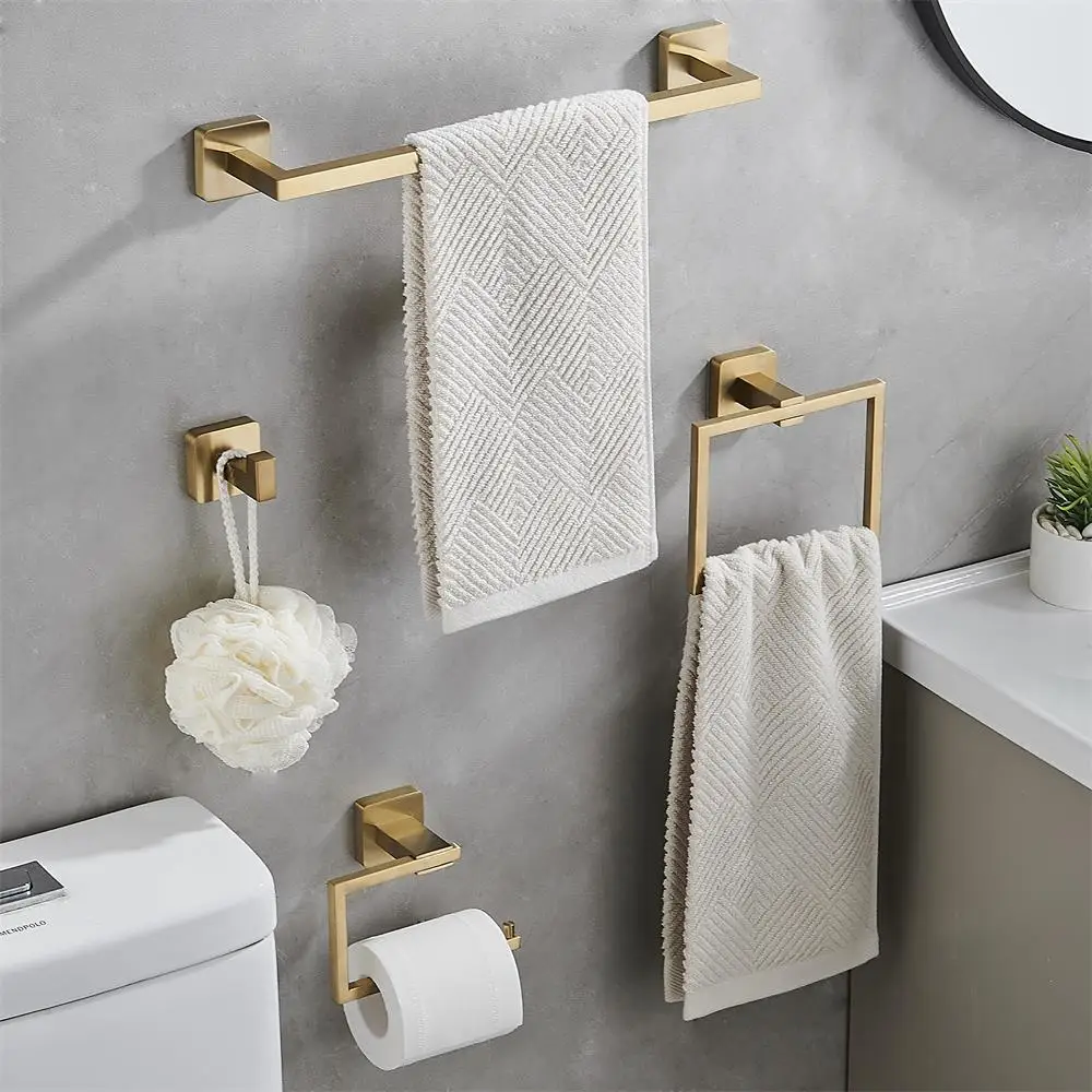 Towel rack set Brushed gold stainless steel household bathroom bathroom square towel bar bathroom hardware hanging