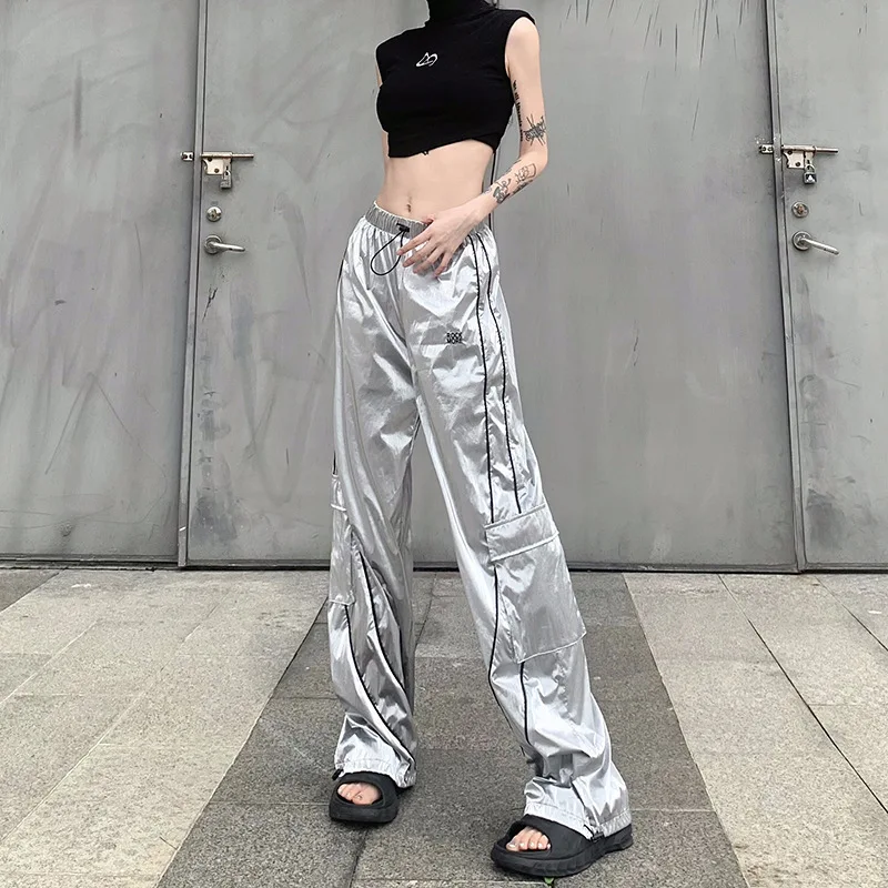 Y2k Women Drawstring Jogger Pants Casual Low Waist Side Stripe Patchwork Sweatpants Male Fashion Wide Leg Cargo Pants Streetwear