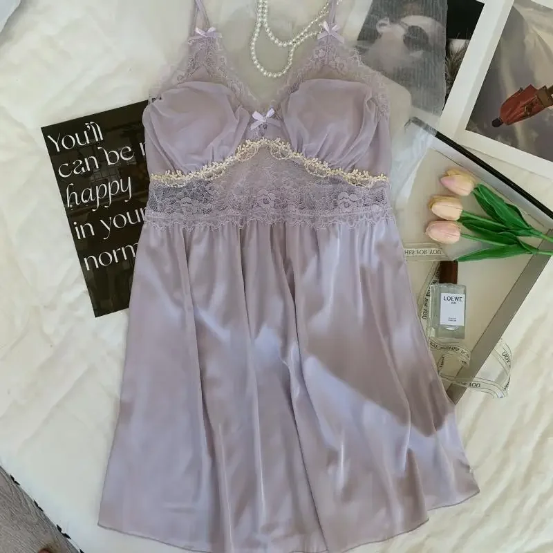 

Женская новая ночная рубашка на лето и весну, фиолетовая ночная рубашка на бретельках, сексуальный атласный домашний халат на тонких бретельках, домашняя одежда