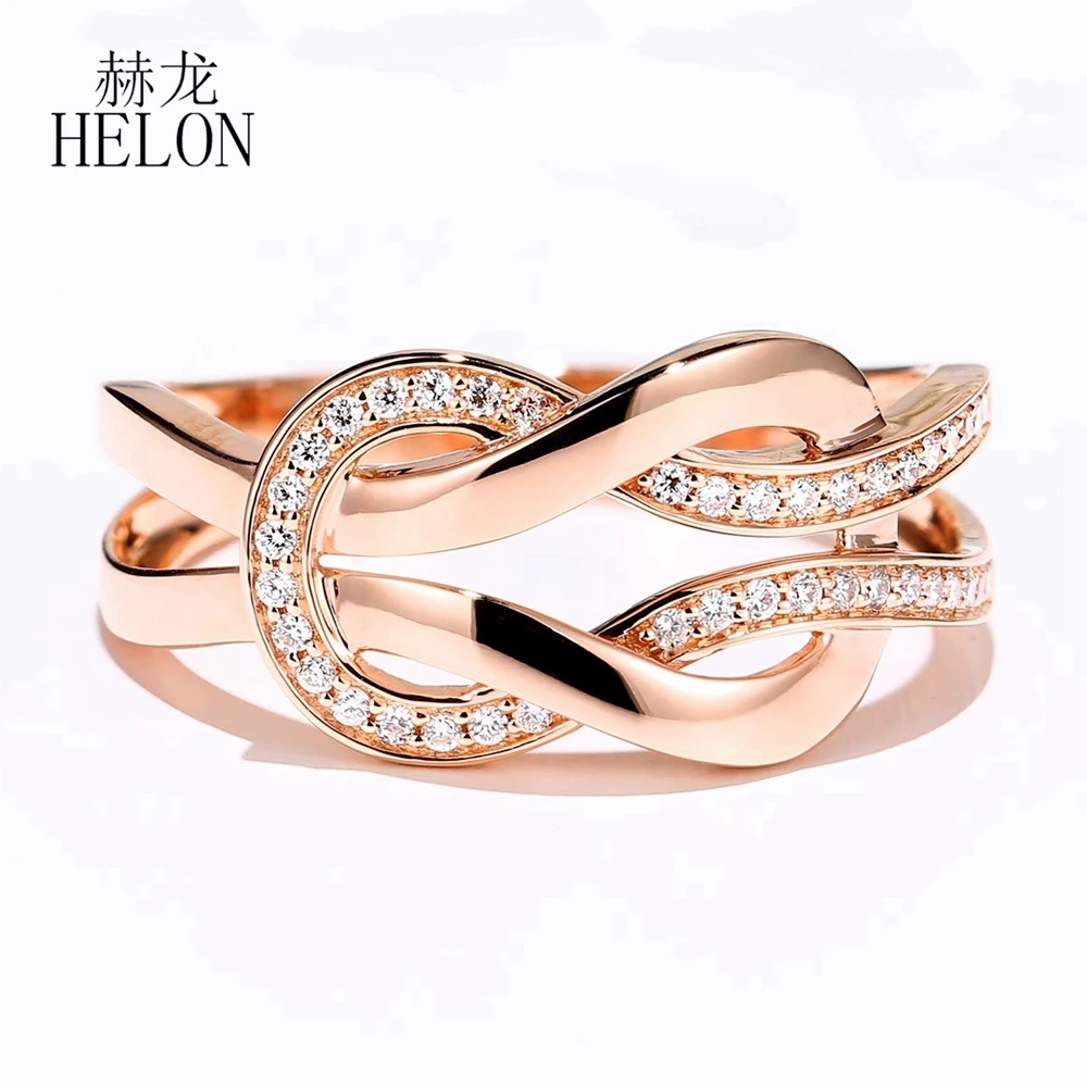 HELON High Quality Solid 14k Rose Gold Trendy Simple Natural Real Diamond Ring Women Genuine Jewelry Pave Setting Handcrafted